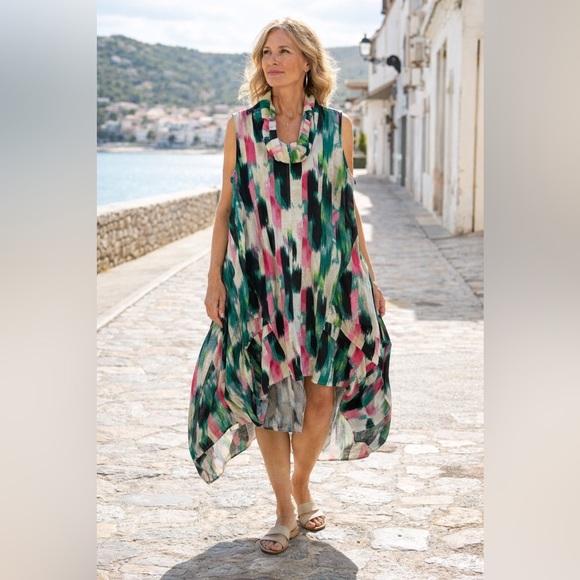 For Cynthia Dresses & Skirts - FOR CYNTHIA Linen Blend Lagenlook Tunic Dress Abstract Ikat High Low Artwear 1X